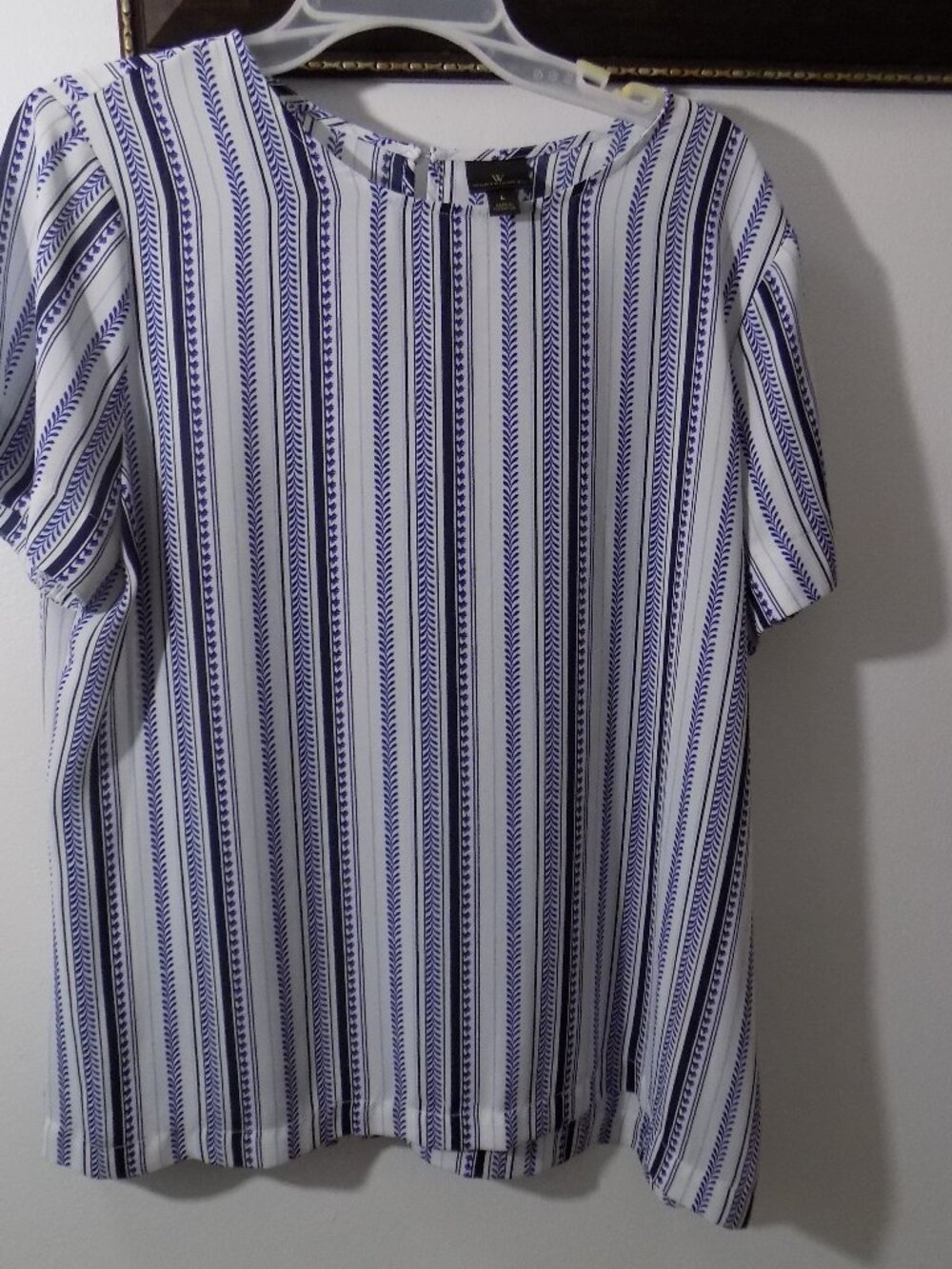 Worthington Blue White Striped Chevron Boho Blouse Top Short Sleeve
